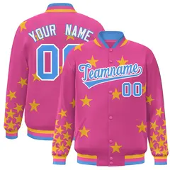 Pink Powder Blue-White Star Graffiti Varsity Full-Snap Bomber Jacket 1