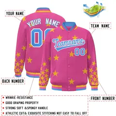Pink Powder Blue-White Star Graffiti Varsity Full-Snap Bomber Jacket 2