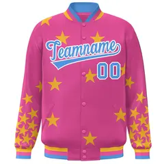Pink Powder Blue-White Star Graffiti Varsity Full-Snap Bomber Jacket 3