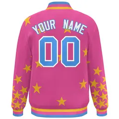 Pink Powder Blue-White Star Graffiti Varsity Full-Snap Bomber Jacket 4