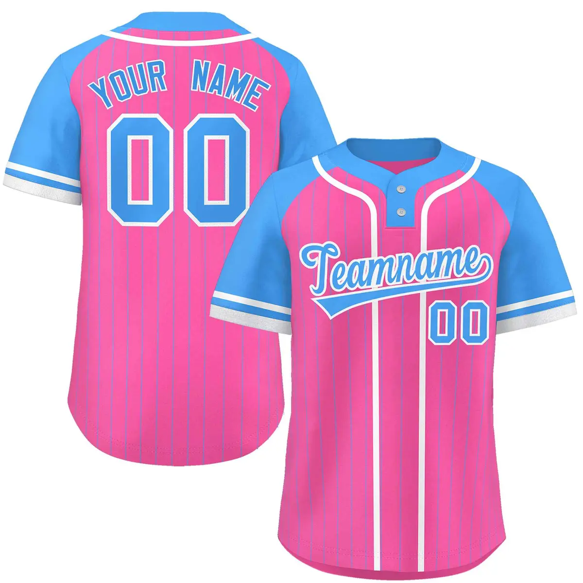 Pink Powder Blue-White Stripe Raglan Two-Button Softball Jersey