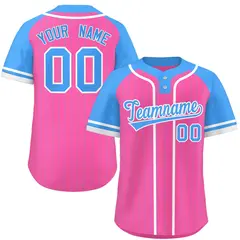 Pink Powder Blue-White Stripe Raglan Two-Button Softball Jersey 1