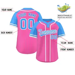 Pink Powder Blue-White Stripe Raglan Two-Button Softball Jersey 2