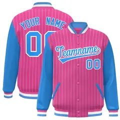 Pink Powder Blue-White Stripe Varsity Bomber Jacket with Raglan Sleeves