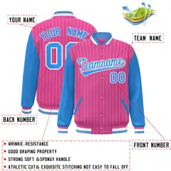 Pink Powder Blue-White Stripe Varsity Bomber Jacket with Raglan Sleeves 2