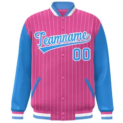 Pink Powder Blue-White Stripe Varsity Bomber Jacket with Raglan Sleeves 3