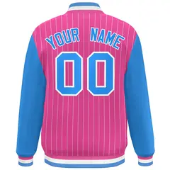 Pink Powder Blue-White Stripe Varsity Bomber Jacket with Raglan Sleeves 4