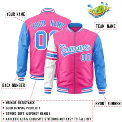 Pink Powder Blue-White Stripe Varsity Letterman Bomber Jacket 2