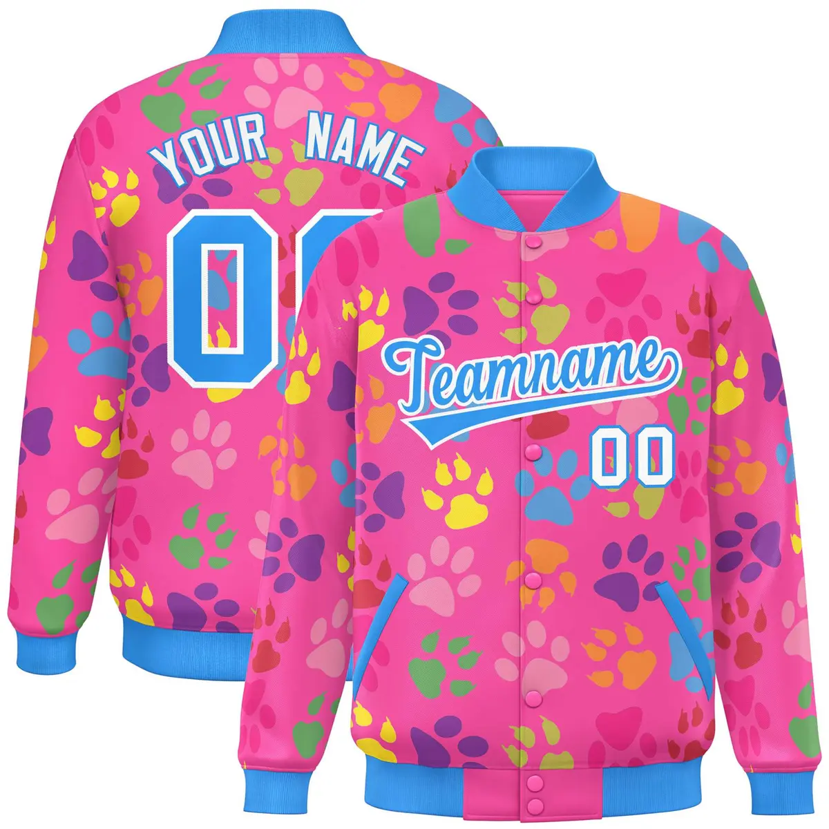 Pink Powder Blue-White Varsity Paw Prints Graffiti Letterman Jacket