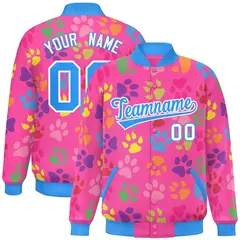 Pink Powder Blue-White Varsity Paw Prints Graffiti Letterman Jacket