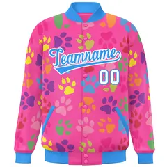 Pink Powder Blue-White Varsity Paw Prints Graffiti Letterman Jacket 3