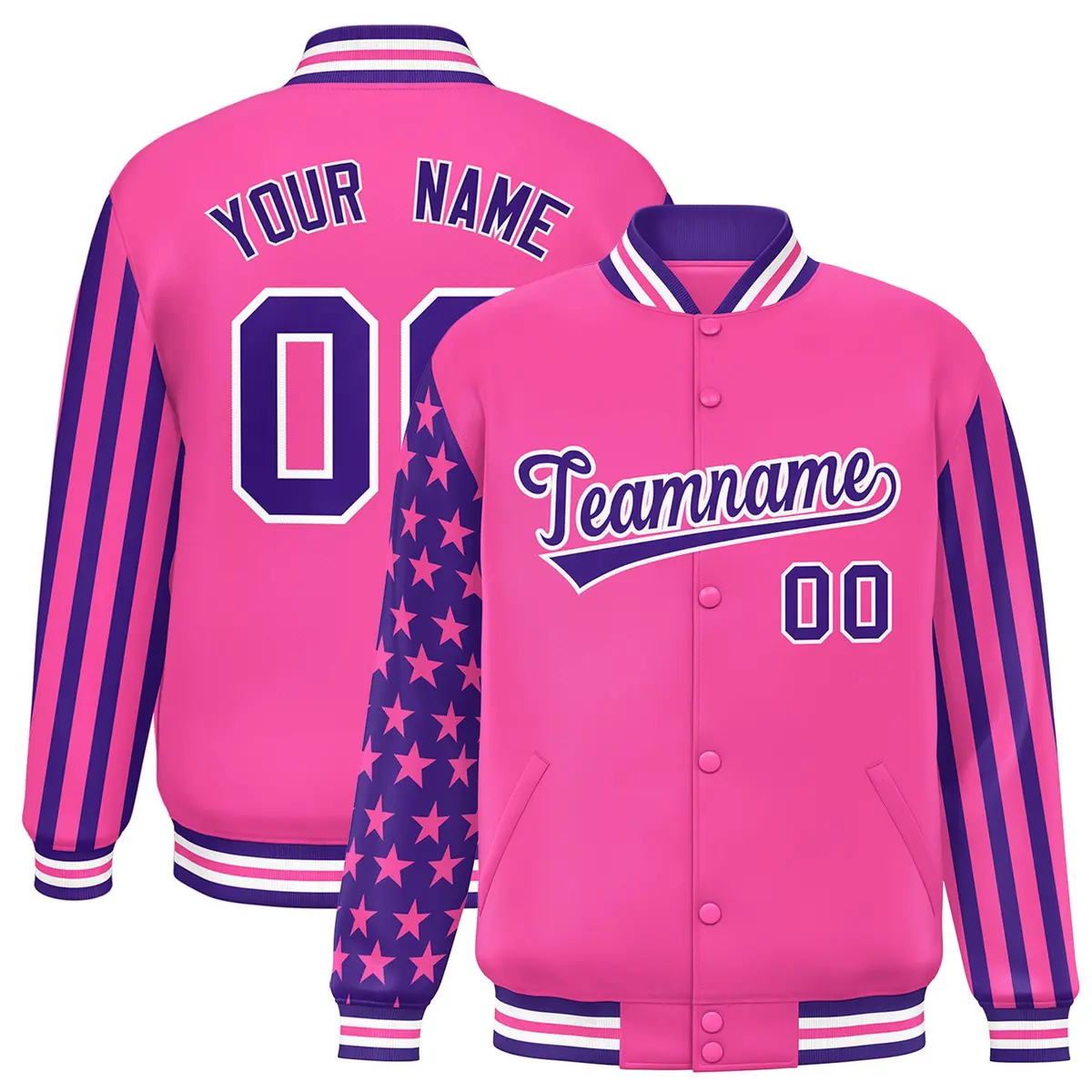 Pink Purple American Flag Full-Snap Raglan Letterman Jacket