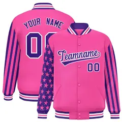 Pink Purple American Flag Full-Snap Raglan Letterman Jacket