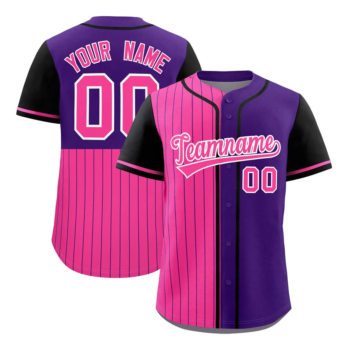 Pink Purple and Black Pinstripe Raglan Baseball Jersey