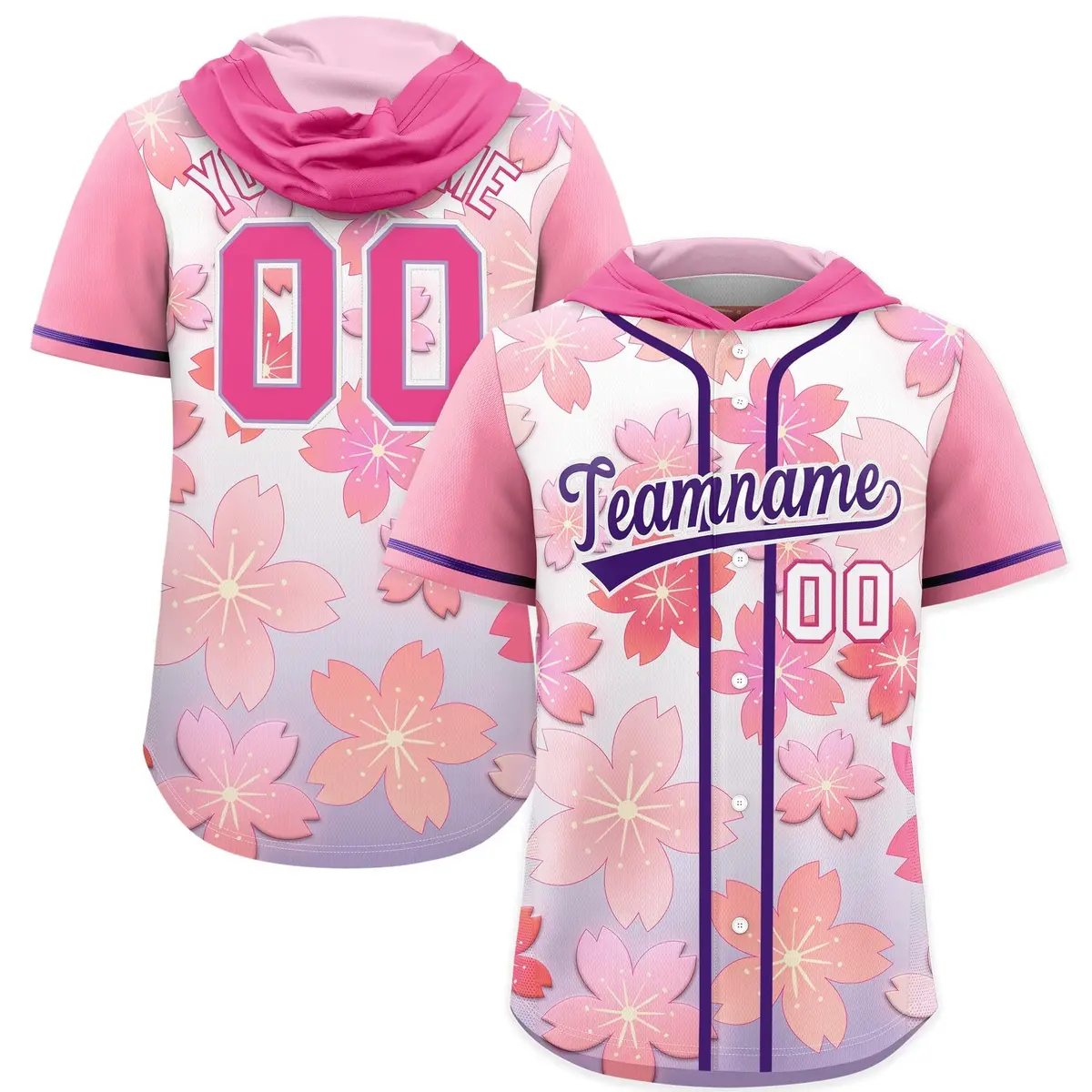 Pink Purple Cherry Blossoms Raglan Hooded Baseball Jersey