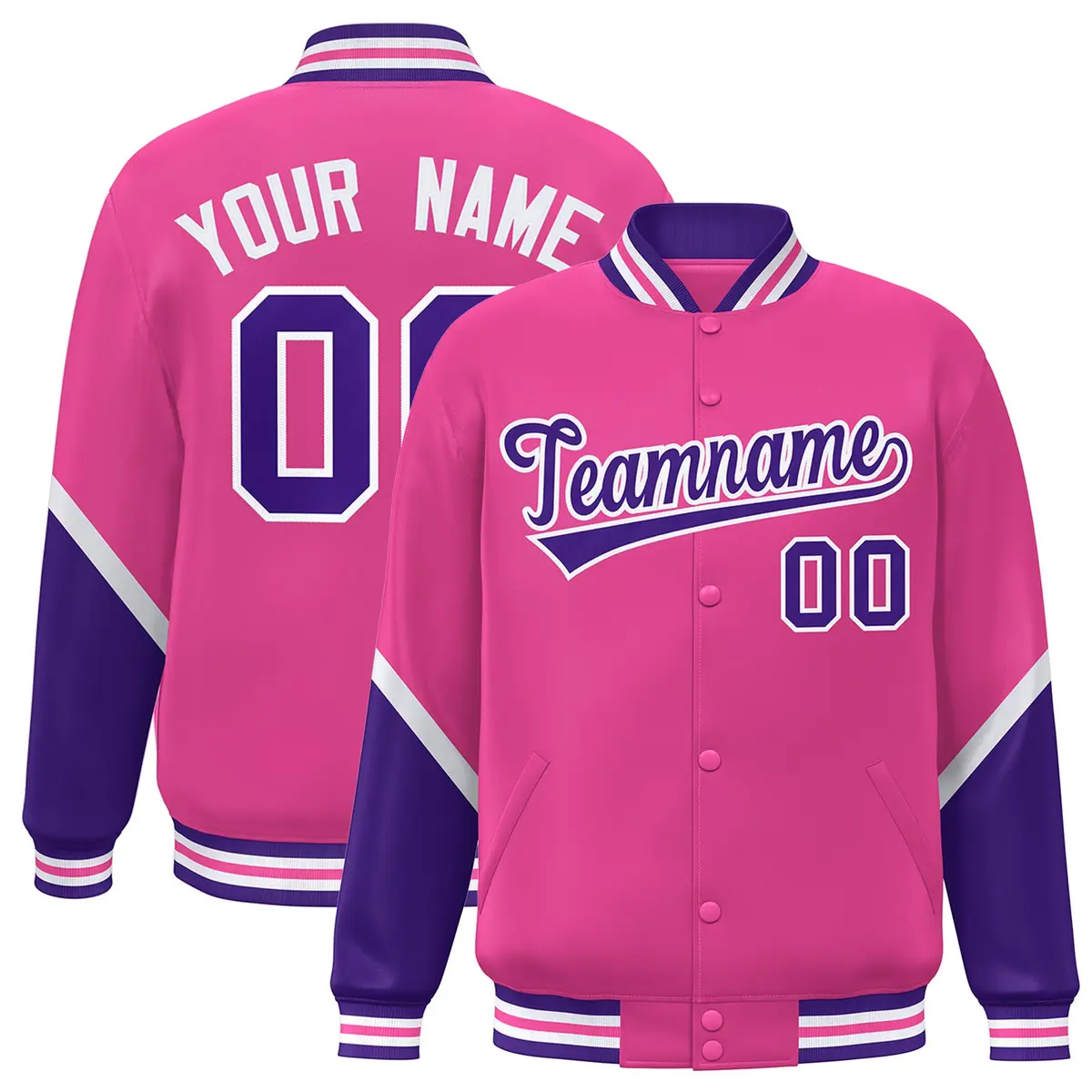 Pink Purple Color Block Full-Snap Varsity Letterman Baseball Jacket