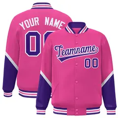 Pink Purple Color Block Full-Snap Varsity Letterman Baseball Jacket
