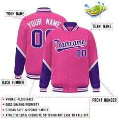 Pink Purple Color Block Full-Snap Varsity Letterman Baseball Jacket 2
