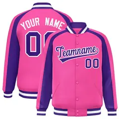 Pink Purple Color Block Raglan Full-Snap Varsity Letterman Jacket 1