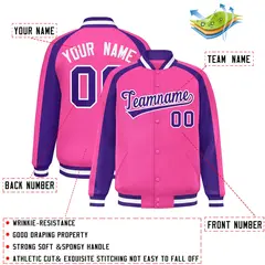 Pink Purple Color Block Raglan Full-Snap Varsity Letterman Jacket 2