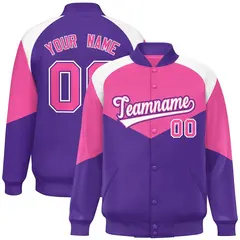 Pink Purple Color Block Varsity Full-Snap Letterman Jacket
