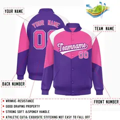 Pink Purple Color Block Varsity Full-Snap Letterman Jacket 2