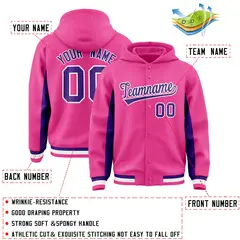 Pink Purple Color Block Varsity Letterman Hoodie Jacket 4