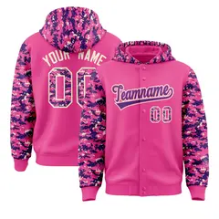 Pink Purple-Cream Raglan Sleeves Camo Varsity Full-Snap Letterman Jacket 1