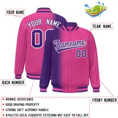 Pink Purple Gradient Pinstripe Varsity Full-Snap Letterman Baseball Jacket 2