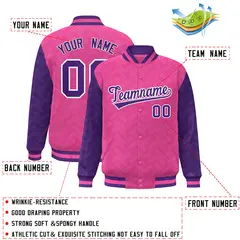 Pink Purple L Pattern Raglan Full-Snap Varsity Letterman Jacket 2