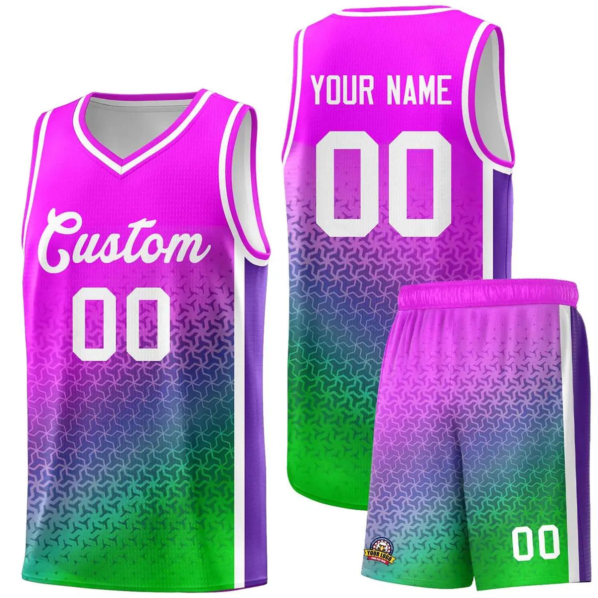 Pink Purple-Neon Green Gradient Irregular Shapes Basketball Jersey