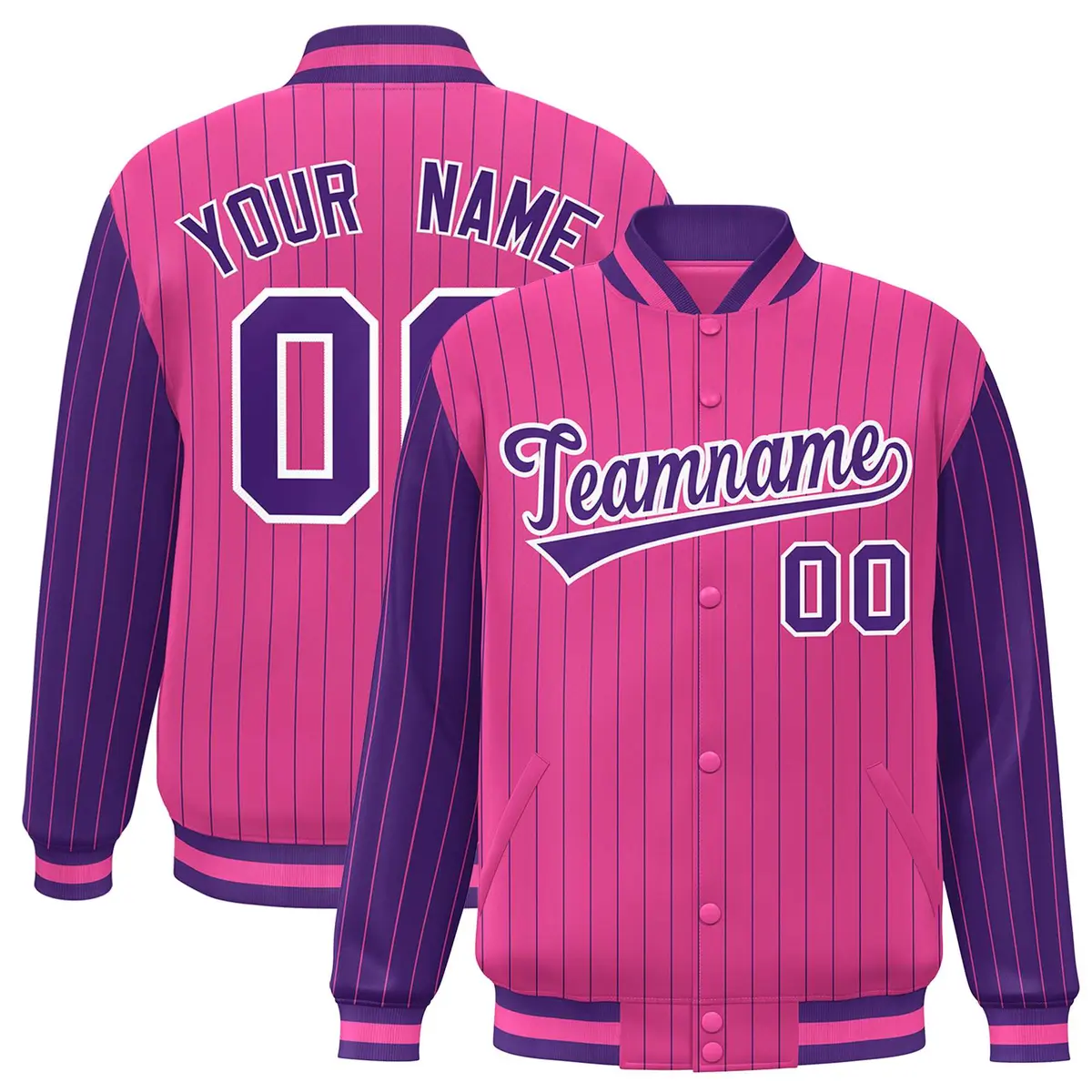 Pink Purple Pinstripe Raglan Varsity Letterman Baseball Jacket