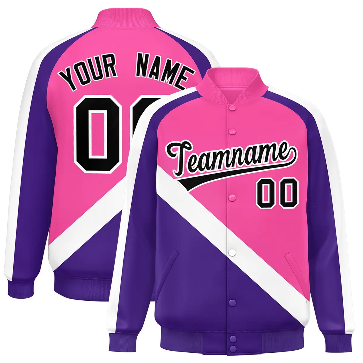 Pink Purple Raglan Sleeves Varsity Full-Snap Letterman Jacket