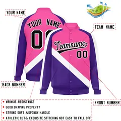 Pink Purple Raglan Sleeves Varsity Full-Snap Letterman Jacket 2