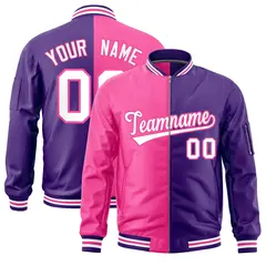 Pink Purple Two Tone Split Varsity Letterman Bomber Jacket 1