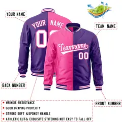 Pink Purple Two Tone Split Varsity Letterman Bomber Jacket 2