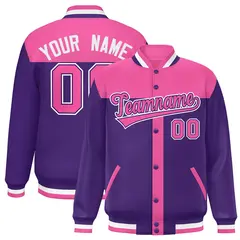 Pink Purple Varsity Baseball Color Block Bomber Jacket