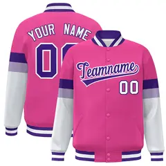 Pink Purple-White Color Block Varsity Full-Snap Baseball Jacket