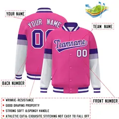 Pink Purple-White Color Block Varsity Full-Snap Baseball Jacket 2
