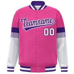 Pink Purple-White Color Block Varsity Full-Snap Baseball Jacket 3