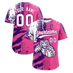 Pink Purple White Full-Snap Tiger Graffiti Baseball Jersey 1