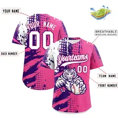 Pink Purple White Full-Snap Tiger Graffiti Baseball Jersey 2