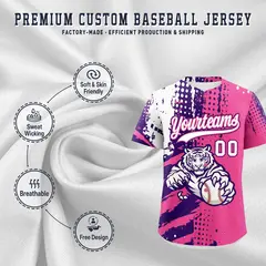 Pink Purple White Full-Snap Tiger Graffiti Baseball Jersey 3