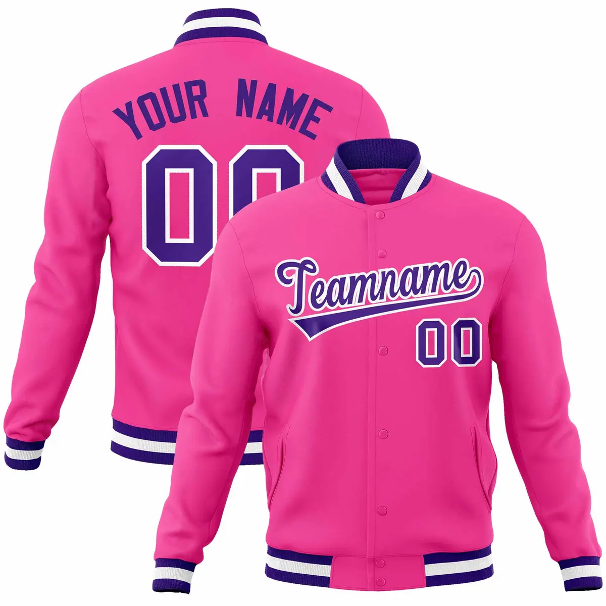 Pink Purple White Full-Snap Varsity Letterman Jacket