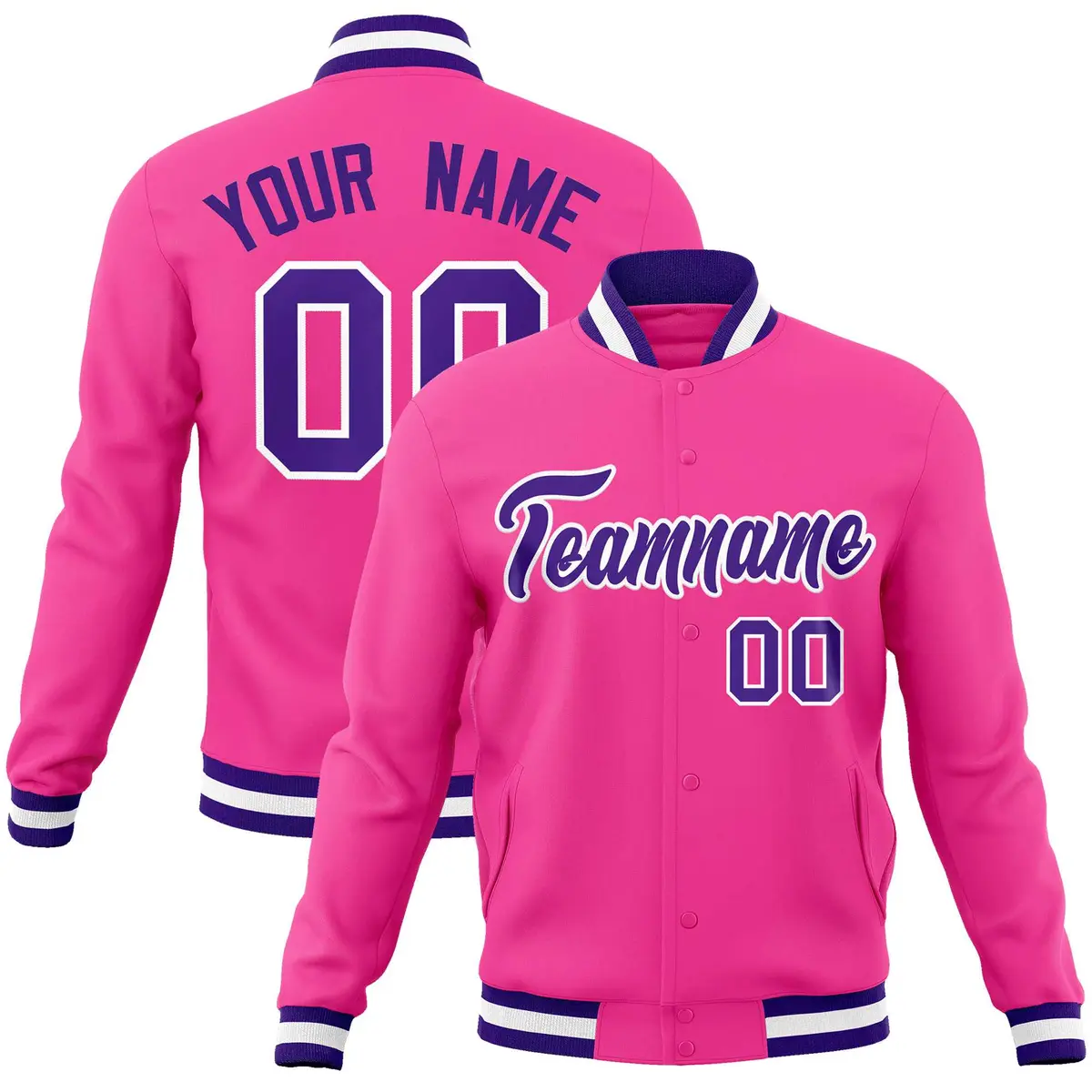 Pink Purple White Full-Snap Varsity Letterman Jacket