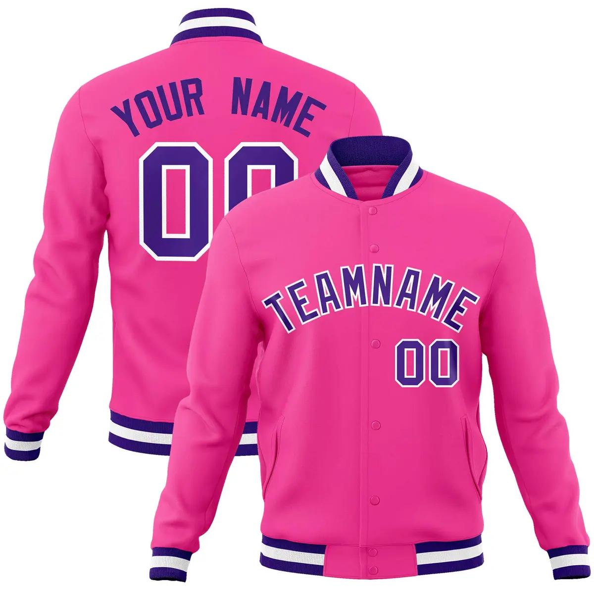 Pink Purple White Full-Snap Varsity Letterman Jacket