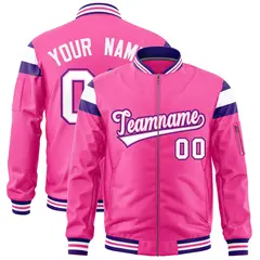 Pink Purple White Full-Zip Shoulder Block Varsity Letterman Bomber Jacket