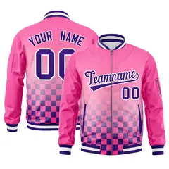 Pink Purple-White Grid Color Block Letterman Bomber Jacket 1
