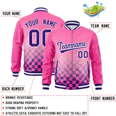 Pink Purple-White Grid Color Block Letterman Bomber Jacket 2
