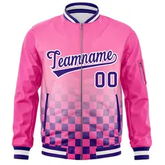 Pink Purple-White Grid Color Block Letterman Bomber Jacket 3